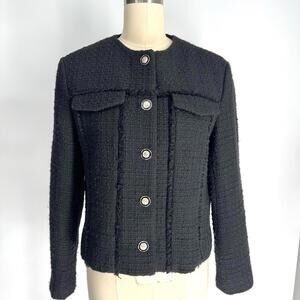 Zara Blazer Jacket Black Textured Tweed Open Short Gold Button M Old Money Style